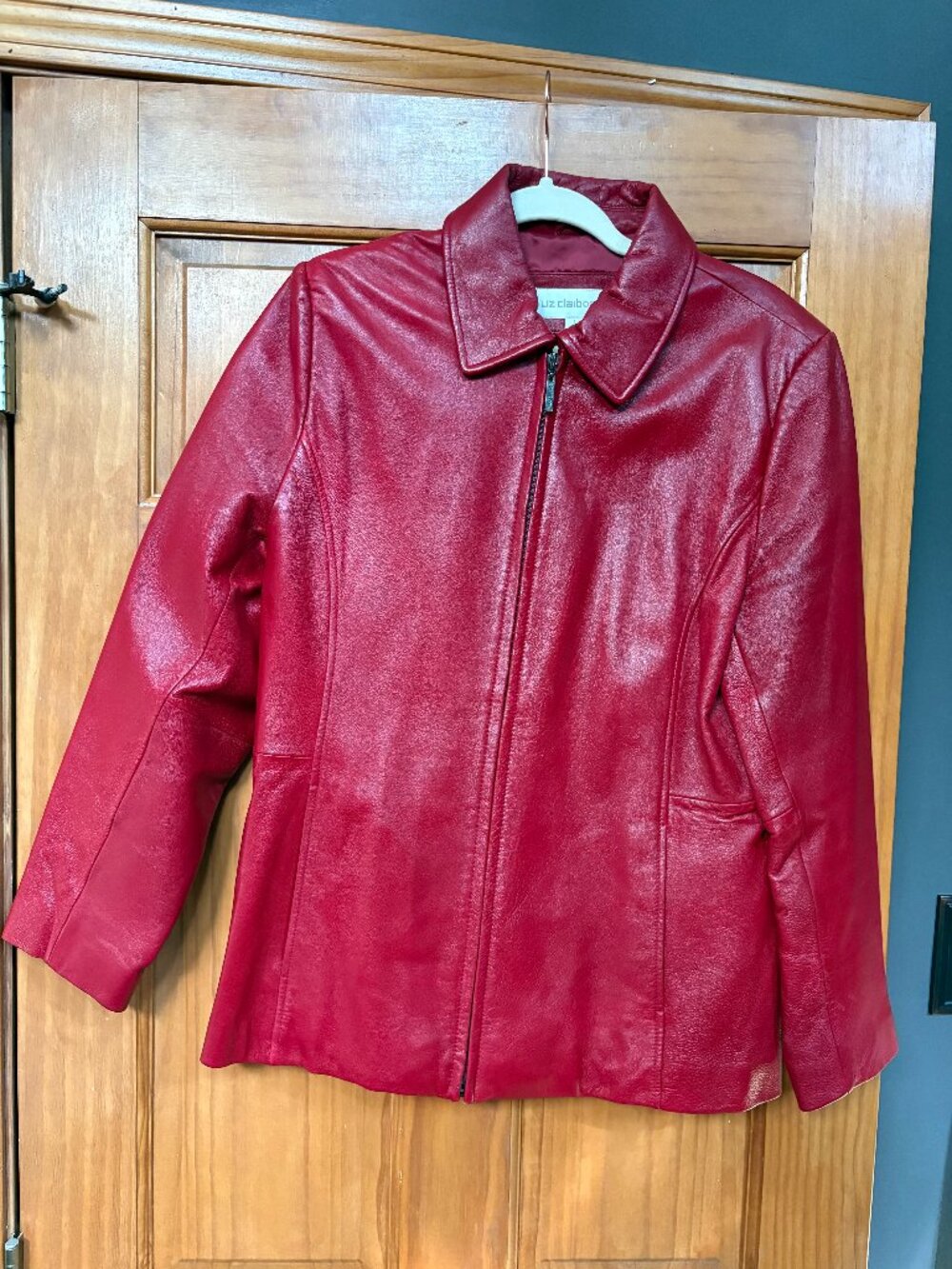 Vintage Liz Claiborne Red Genuine Leather Jacket Womens Large Zip Moto Coat